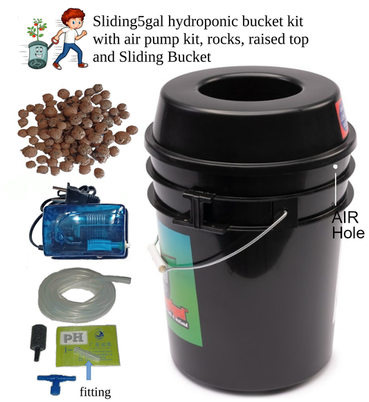 1-Sliding5gal hydroponic Bucket with raised grow basket, air-pump and accessories, rocks and two side handles (attached)